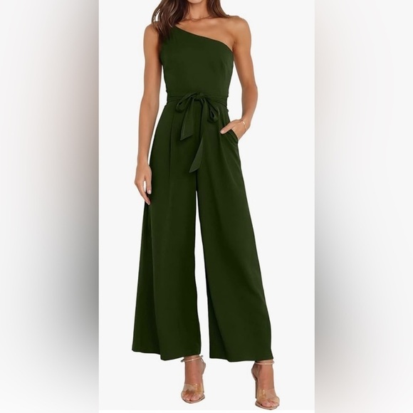 Women's One Shoulder Sleeveless Tie Waist Backless Wide Leg Jumpsuit Pockets L - Picture 1 of 2